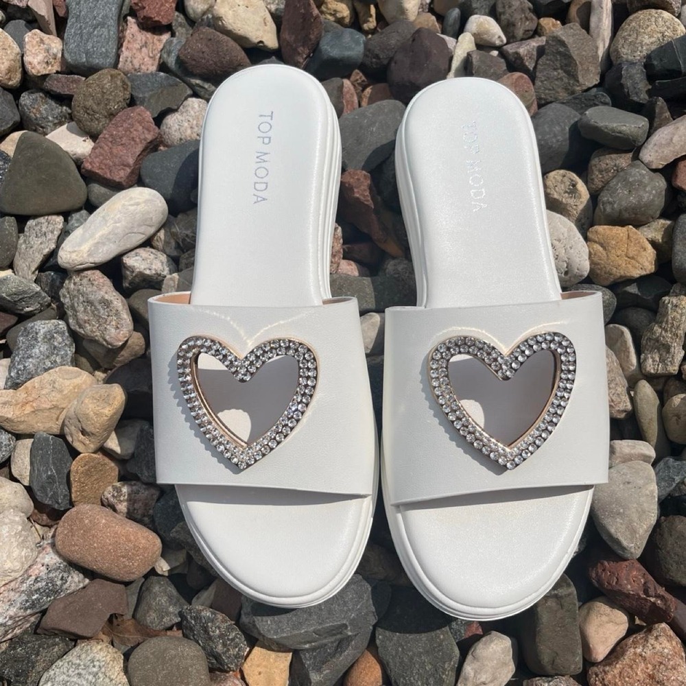 Top Moda Wedding White heart embellished slides